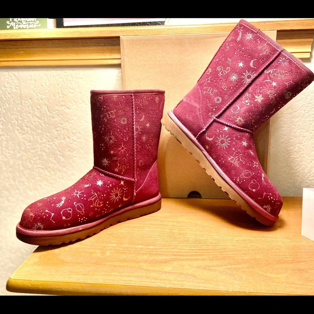 NIB-Ugg Grape Zodiac Short Suede Sheepskin Boots - Picture 1 of 16